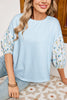 Sky Blue Stripe 3/4 Floral Puff Sleeve Patchwork Drop Shoulder Top