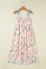 Pink Floral Print Contrast Trim Self-tie Straps High Waist Midi Dress