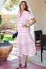 Pink Stripe Ricrac Trim Notched Neck Half Sleeve Vacation Dress