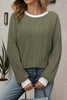 Moss Green Ribbed Contrast Cuffed Round Neck Long Sleeve T Shirt