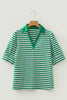 Green Stripe Collared V Neck Short Puff Sleeve Top