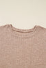 Dark Khaki Ribbed Balloon Sleeve Pullover Top and Biker Knitted Short Set