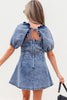 Blue Frilly Square Neck Bustier Puff Sleeve Short Denim Dress