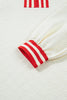 White Textured Knit Contrast Striped Accent Zipped Collar Pullover Top