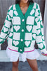 Sea Green Plaid Heart Knit V Neck Button Down Sweater Cardigan