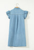 Myosotis Frilled Detail Button Down Ruffle Short Sleeve Denim Mini Dress
