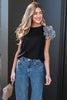 Black Contrast Leopard Ruffled Short Sleeve Ribbed Knit Top