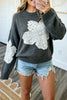 Dark Grey Beaded Floral Accent Casual Round Neck Sweater