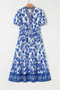 Blue Floral Puff Short Sleeve V Neck High Waist Maxi Dress