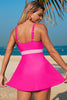 Rose Red Color Block Patchwork Bow Knot Detail Sleeveless Swim Dress