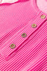 Bright Pink Twisted Ribbed Color Block Patchwork Henley Short Sleeve T Shirt