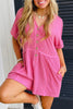Bright Pink Spiral Ribbed Short Sleeve V Neck Buttoned Romper with Pocket