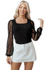 Black Polka Dot Mesh Puff Sleeve Patchwork Ribbed Square Neck Slim Top