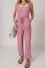 Light Pink Lace-up Elastic Waist Sleeveless Square Neck Jumpsuit