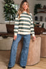 Khaki Stripe Crew Neck Drop Shoulder Pullover Sweatshirt