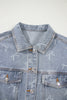 Sky Blue Bow Knot Print Light Wash Raw Hem Denim Jacket