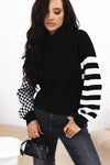 Smoke Gray Striped Plaid Patchwork Waffle Knit Turtleneck Sweater