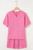 Pink Textured V Neck T Shirt and Shorts Set