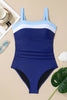 Navy Blue Color Block Detail Adjustable Straps One Piece Swimsuit