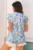 Sky Blue Flutter Sleeve V Neck Floral Top