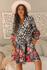 Black Retro Floral Mixed Print Split Neck A-line Dress