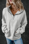 Smoke Gray Zip-up Stand Neck Kangaroo Pocket Sweatshirt