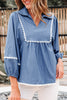 Dusk Blue Lace Ric Rac 3/4 Puff Sleeve Collared Babydoll Blouse