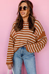 Khaki Stripe Drop Shoulder Casual Sweater