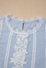 Sky Blue Stripe Floral Lace Splicing Puff Sleeve Blouse