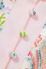 Pink Boho Floral Print Color Block Trim Half Button Belted Mini Dress