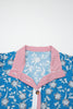 Blue Retro Floral Print Striped Trim Button Neck Short Sleeve Blouse