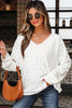 White Twisted Rib Patchwork Embroidered Loose V Neck Long Sleeve Top
