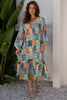 Sky Blue Mix Floral Checkered Pattern Bubble Sleeve Ruffle Hem Dress
