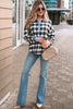 Black Contrast Striped Edge Half Placket Plaid Blouse