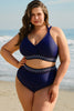 Navy Blue Embroidered Trim Wrap Tie Knot Plus Size High Waisted Bikini