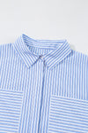 Sky Blue Stripe Bubble Sleeve Chest Pockets Buttoned Shirt Dress