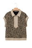 Beige Ribbed Patchwork Collar Cuffed Sleeve Leopard Plus Top