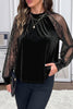 Color Black Solid Color Sheer Lace Long Sleeve Patchwork Stand Neck Velvet Blouse