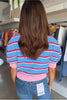 Green Stripe Colorblock Trim Half Sleeve Sweater Top