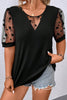 Black Floral Mesh Patchwork Loose V Neck Plus Size T Shirt