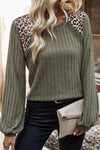 Moss Green Leopard Print Crochet Patchwork Rib Textured Knit Top