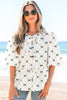 White Bowknot Print Front Knots Bubble Sleeve Blouse
