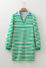 Green Striped Contrast Collar Split Neck Long Sleeve Mini Dress