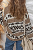 Dark Khaki Ethnic Geometric Pattern Button Front V Neck Sweater Cardigan