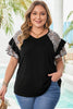 Black Leopard Ruffle Patchwork Sleeve Plus Size Summer Top