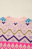 Multicolour Ethnic Christmas Pattern Knit Feather Cuffed Sweater