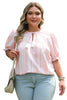 Pink Stripe Plus Size Tassel Tie Frilled Detail Short Sleeve Blouse