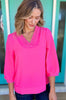 Bright Pink Frilled V Neckline Bracelet Sleeve Crinkled Blouse
