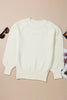 White Flower Detail Round Neck Contrast Textured Puff Sleeve Sweater