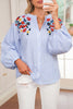 Sky Blue Stripe Floral Embroidered Billowy Sleeve Tunic Baggy Shirt